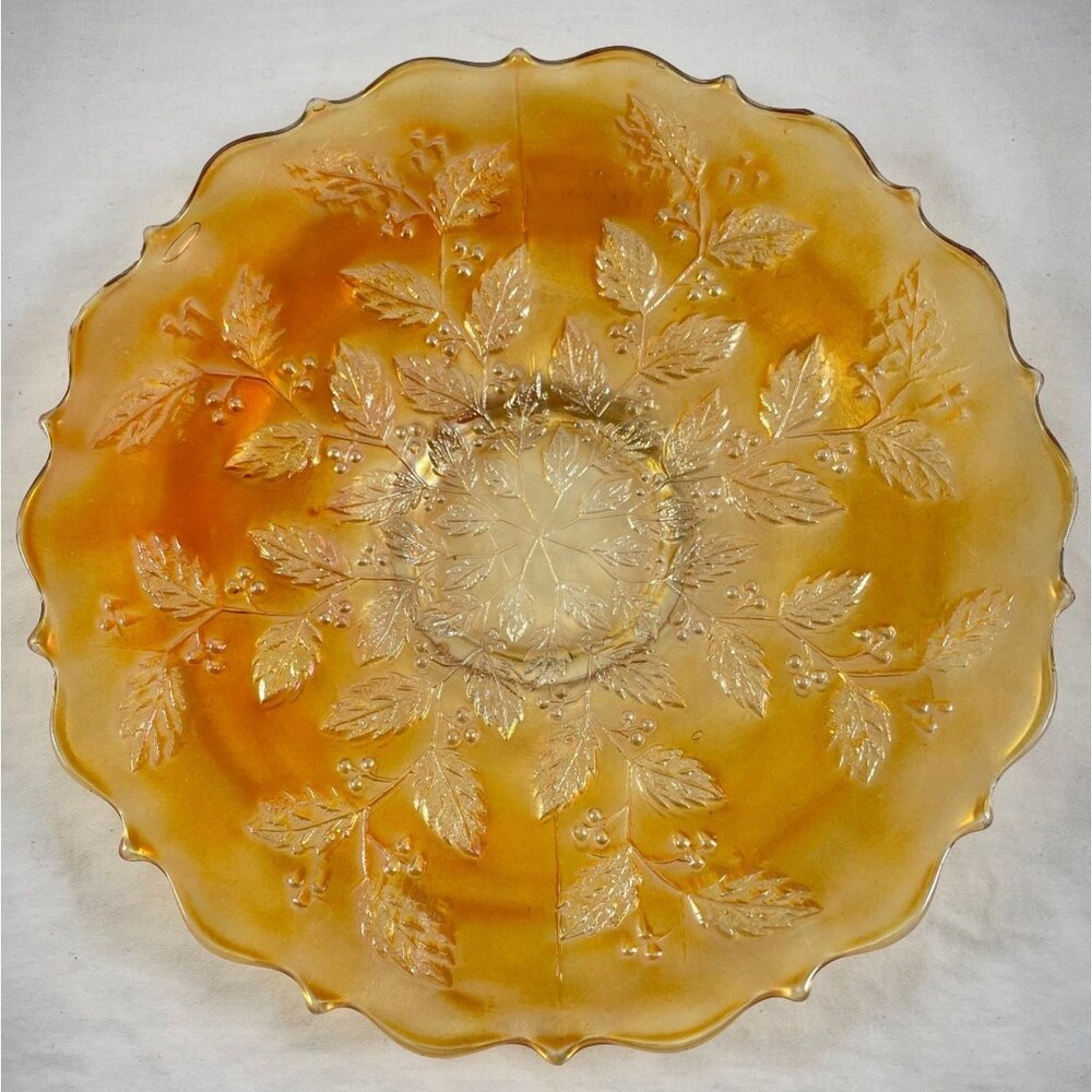 Fenton Marigold Holly Plate 9.75" Carnival Glass Leaf Dish Ruffled Edge Vintage